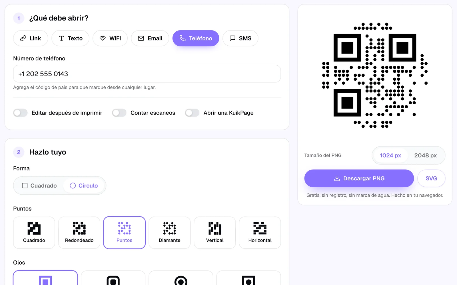 El generador gratuito de códigos QR de KuikCode con el tipo Teléfono elegido, un número escrito y un código QR redondo listo para descargar