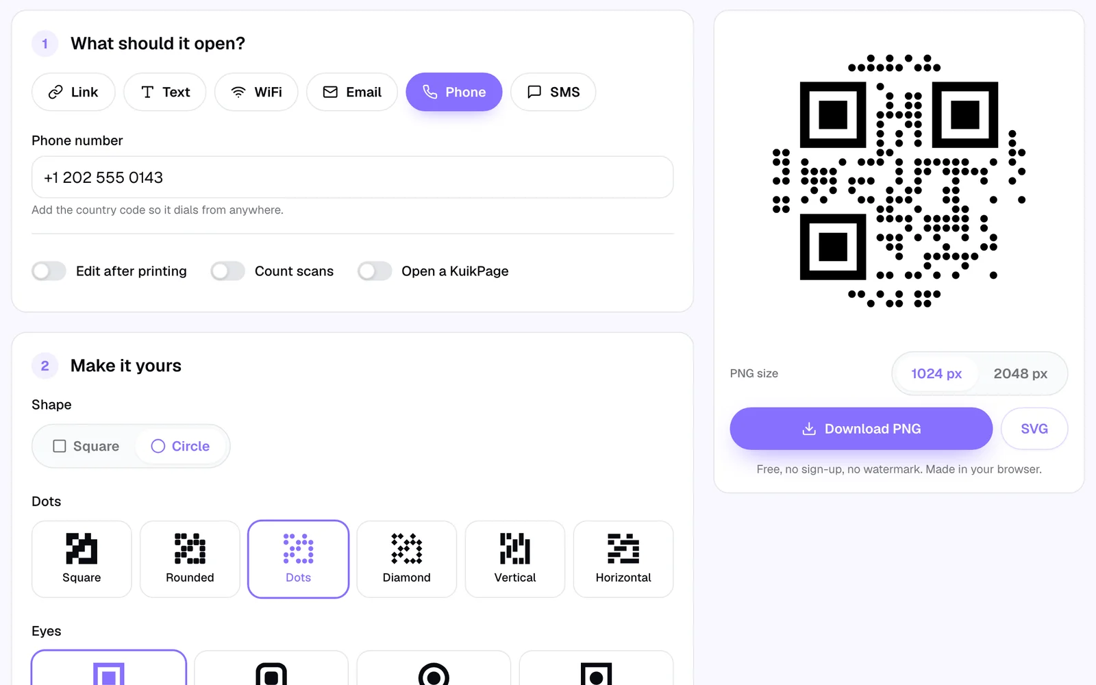 The free KuikCode QR code generator with the Phone type selected, a phone number typed in and a round QR code ready to download