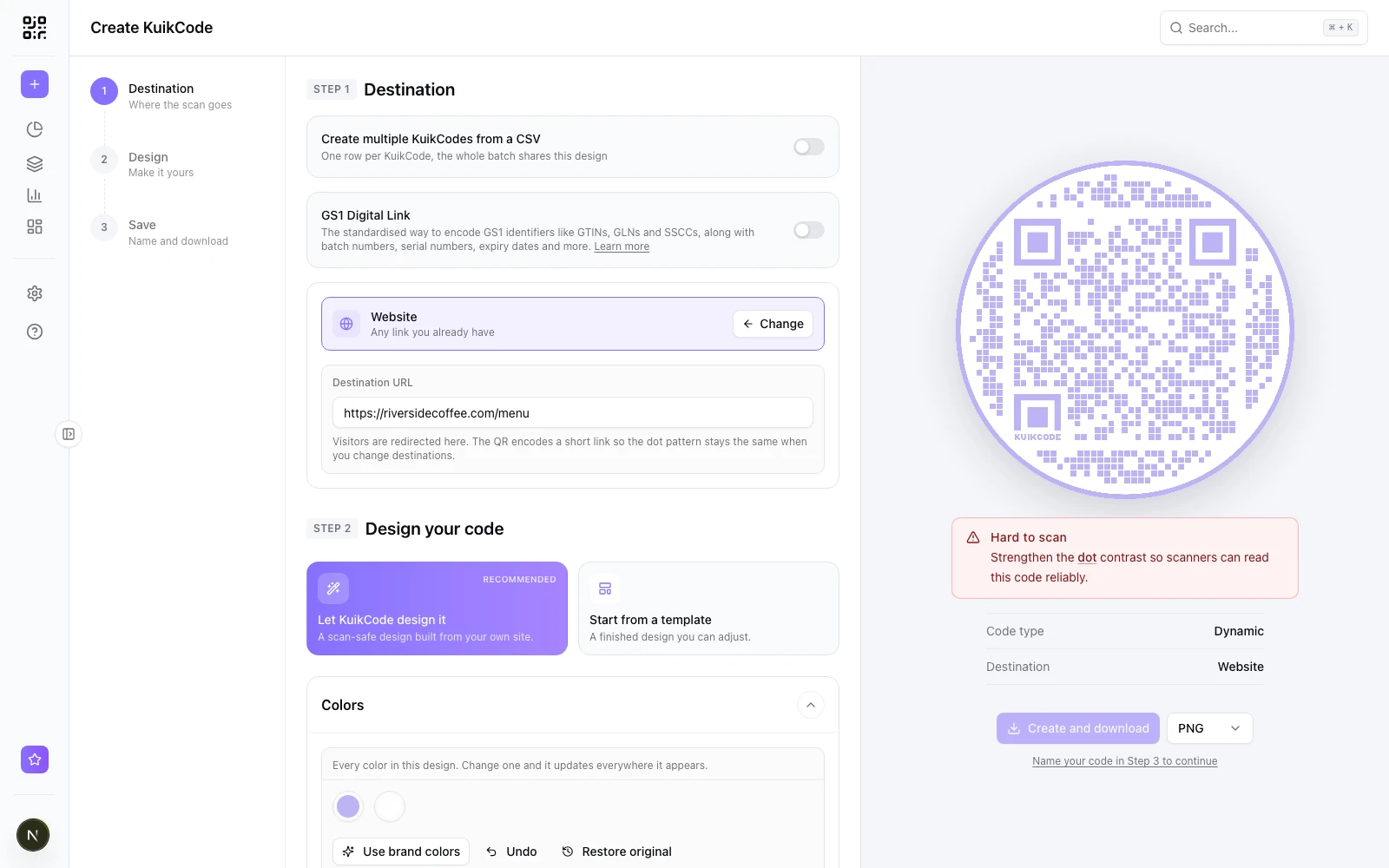 The KuikCode editor flagging a light purple code as Hard to scan and naming the dot color to fix