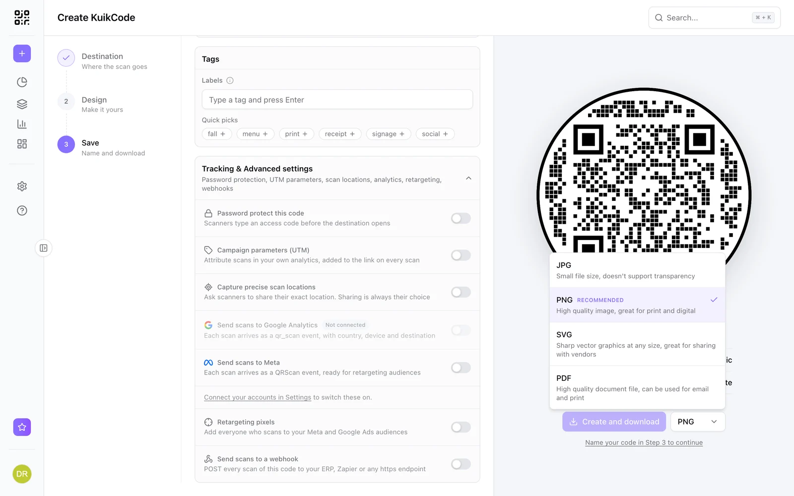 The KuikCode editor's download menu with PNG, JPG, SVG and PDF options next to the live preview