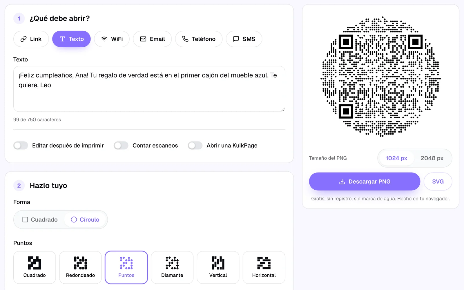El generador gratuito de códigos QR de KuikCode con el tipo Texto elegido, un mensaje de cumpleaños escrito y un código QR redondo listo para descargar