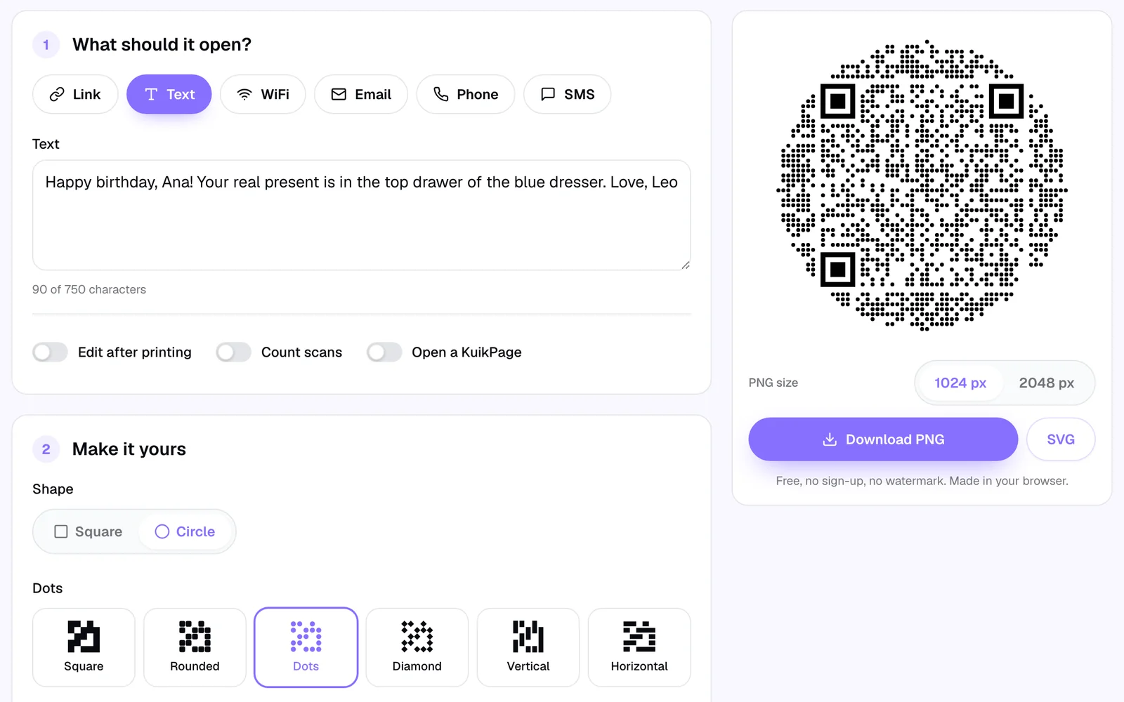 The free KuikCode QR code generator with the Text type selected, a birthday message typed in and a round QR code ready to download