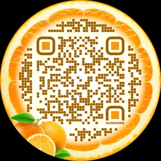 Un KuikCode con forma de rodaja de naranja, con una foto de la pulpa de la naranja como marco y naranjas en una esquina