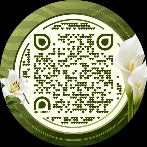 A round KuikCode in olive green on cream, framed with green leaves and white calla lilies