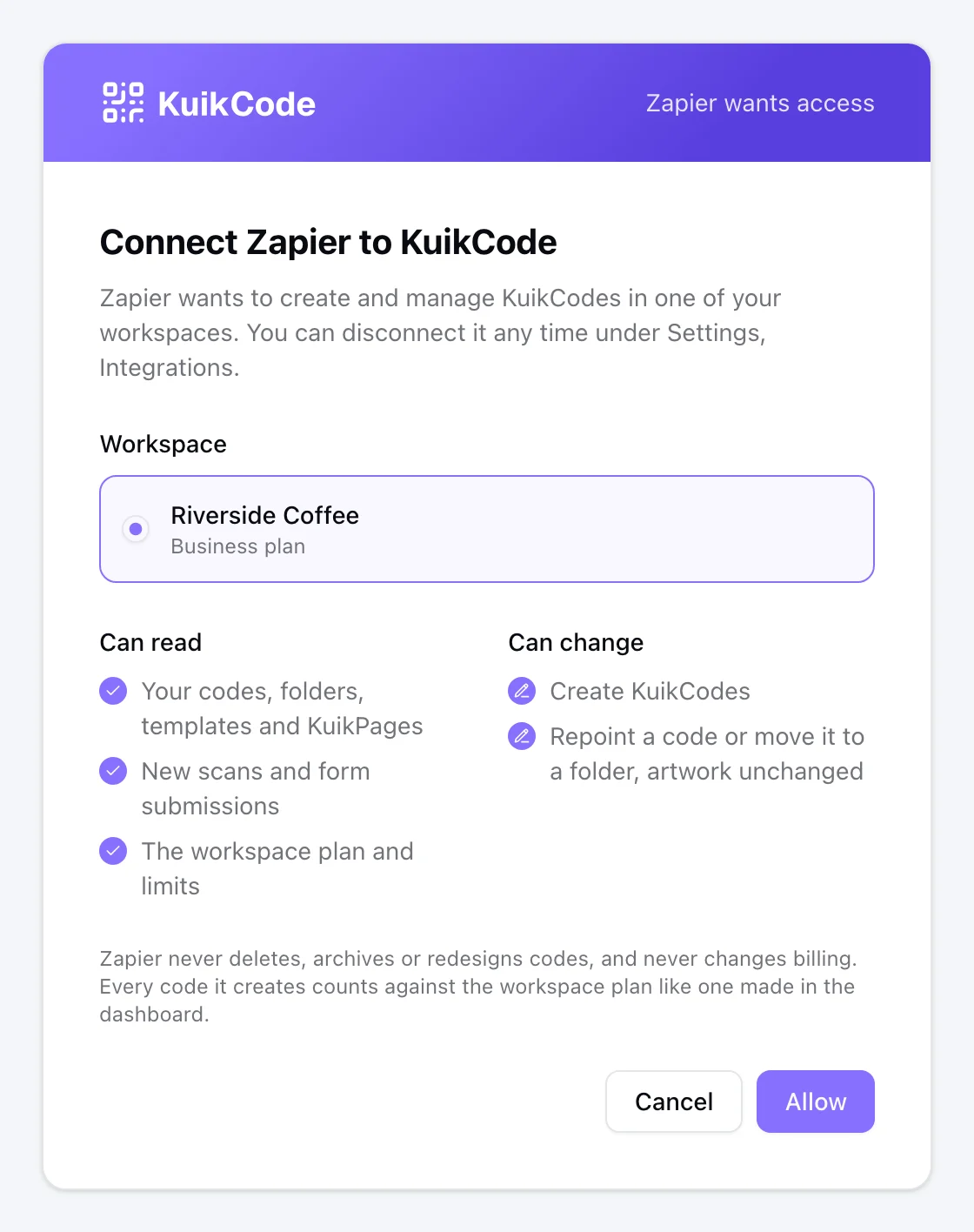 The KuikCode consent screen for Zapier, where you pick the workspace Zapier may use