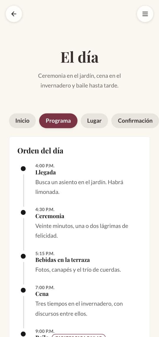 La página del programa de una página web de boda con la línea de tiempo del día, hecha con la plantilla Boda de KuikCode