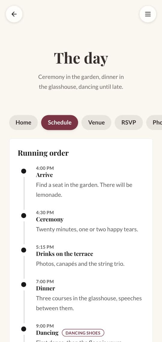 The schedule page of a wedding website with a timeline for the day, built from the KuikCode Wedding template