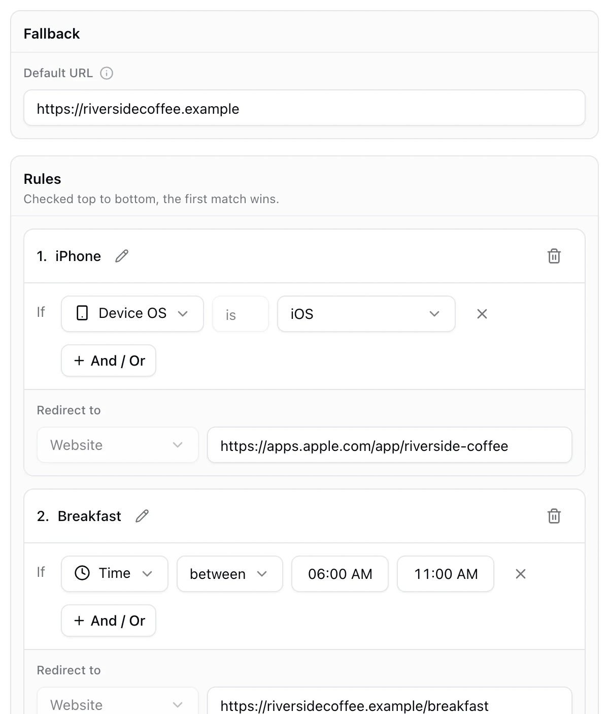 The KuikCode Smart Rules editor with an iPhone rule and a breakfast hours rule above the fallback link