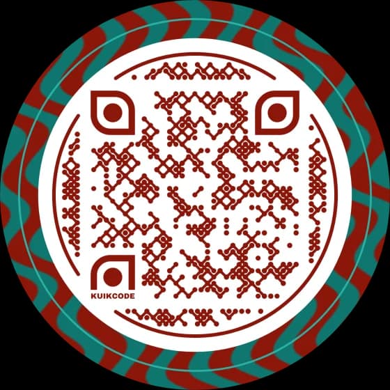 A round KuikCode with a red and teal striped border and dark red dots woven in a cross pattern on a white center