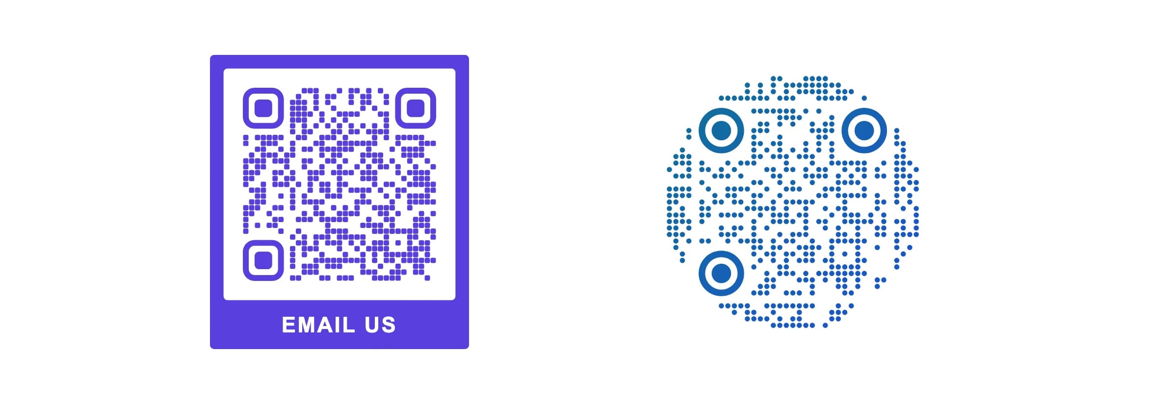Two QR codes: a purple square code in a frame that reads Email us, and a round blue code