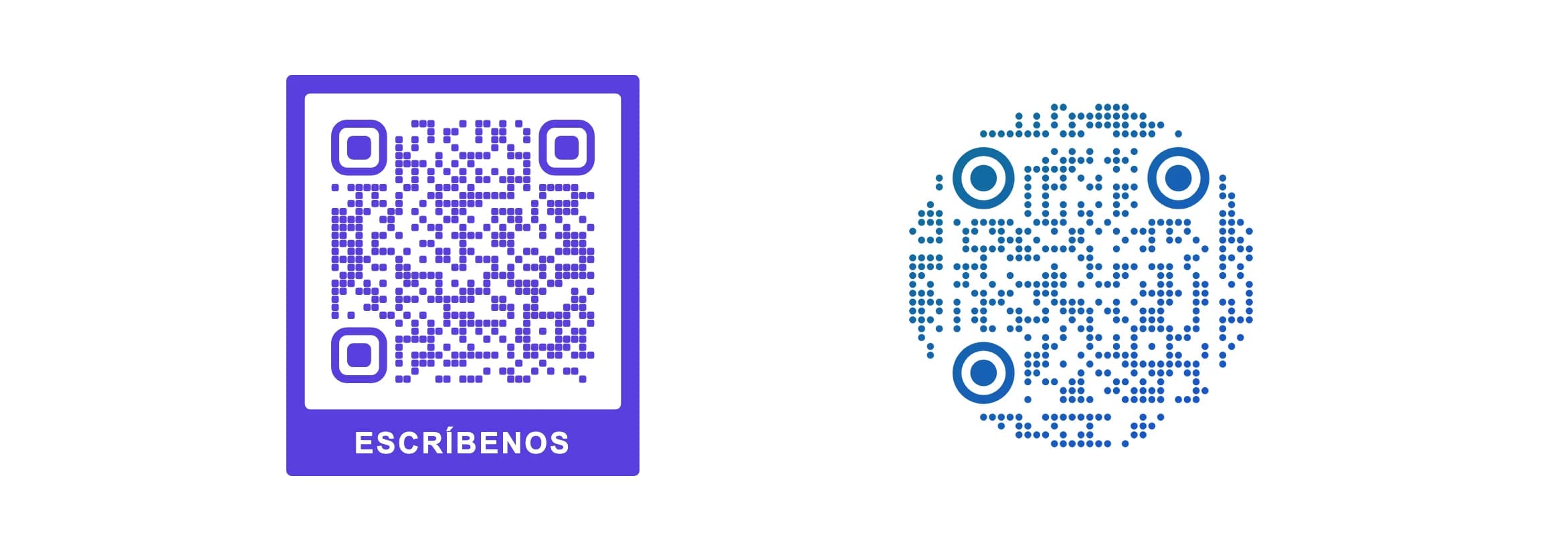 Dos códigos QR: uno cuadrado morado con un marco que dice Escríbenos y uno redondo azul