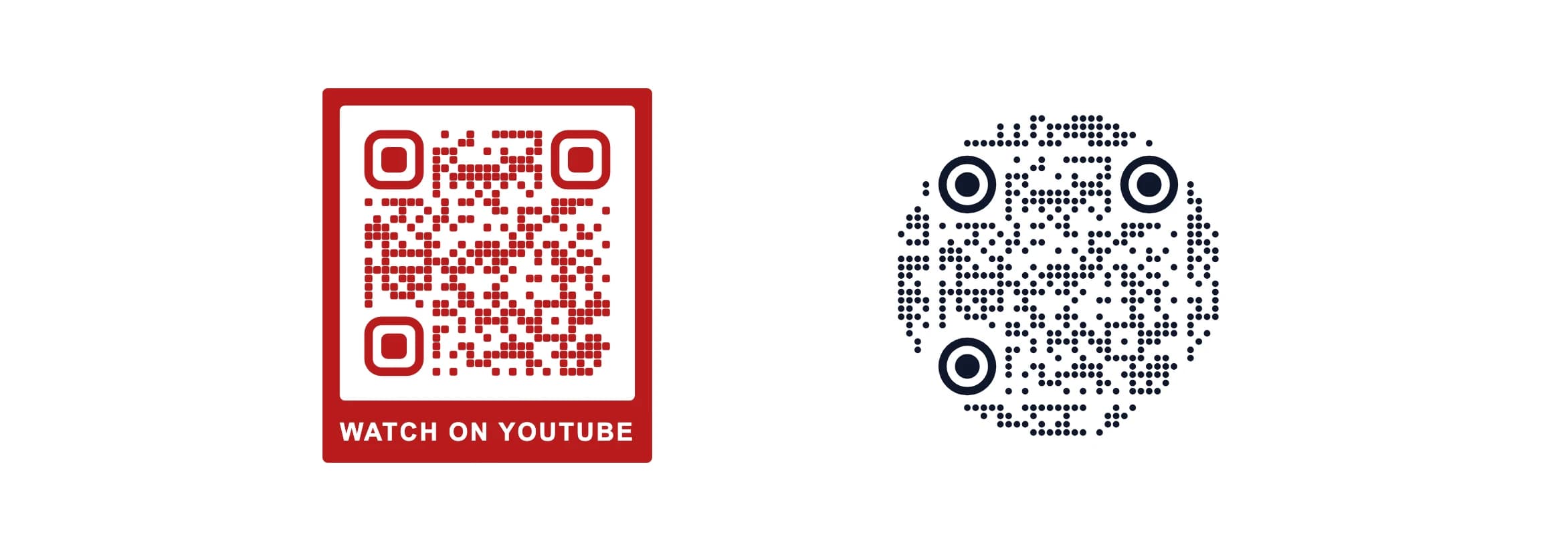 Two QR codes that open the KuikCode YouTube channel: a red code in a frame that reads Watch on YouTube, and a round navy code