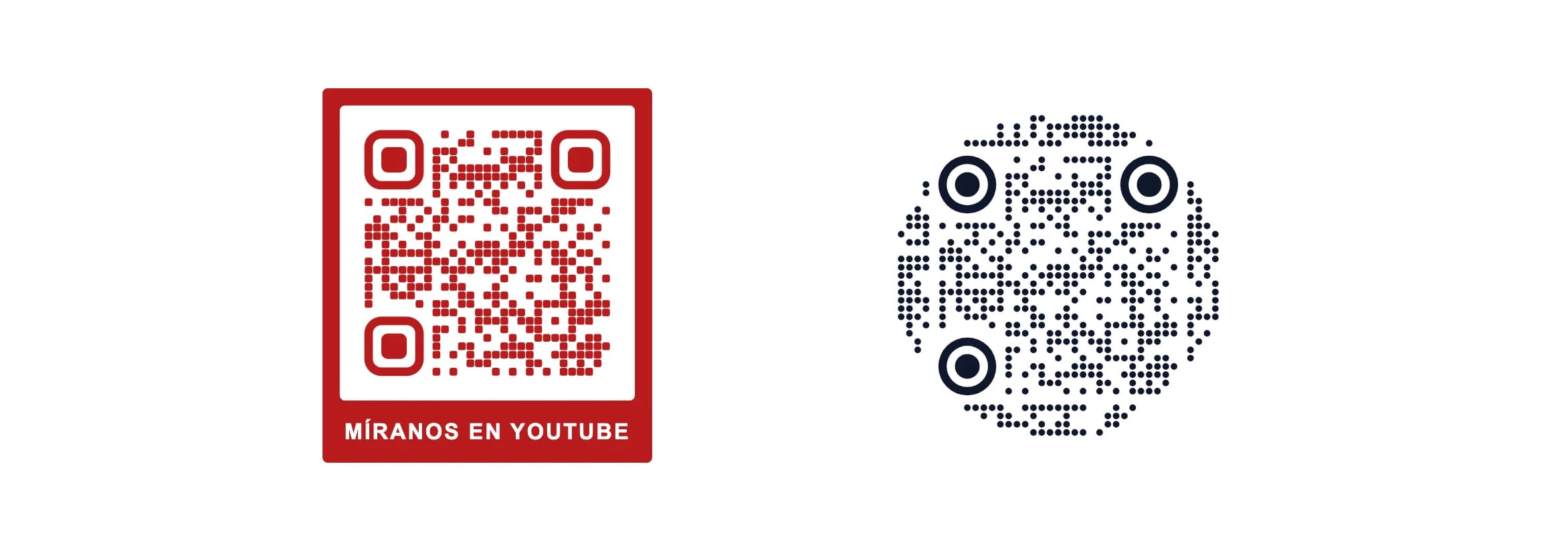 Dos códigos QR que abren el canal de YouTube de KuikCode: uno rojo con un marco que dice Míranos en YouTube y uno redondo azul marino