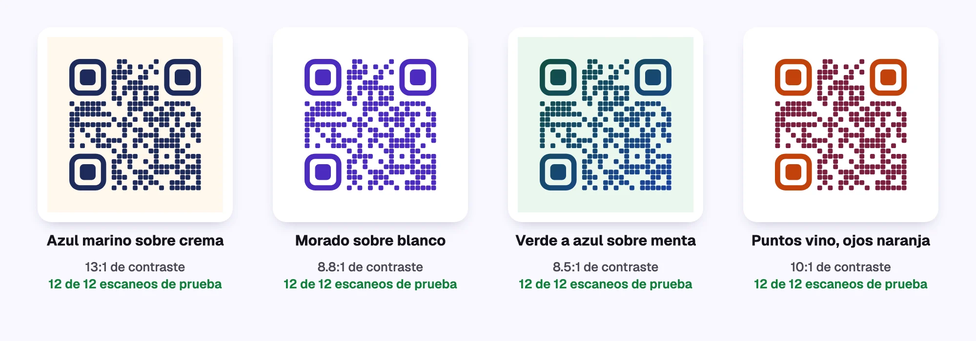 Cuatro códigos QR de colores que se escanean: azul marino sobre crema, morado sobre blanco, un degradado de verde a azul sobre menta, y puntos vino con cuadros de esquina naranja