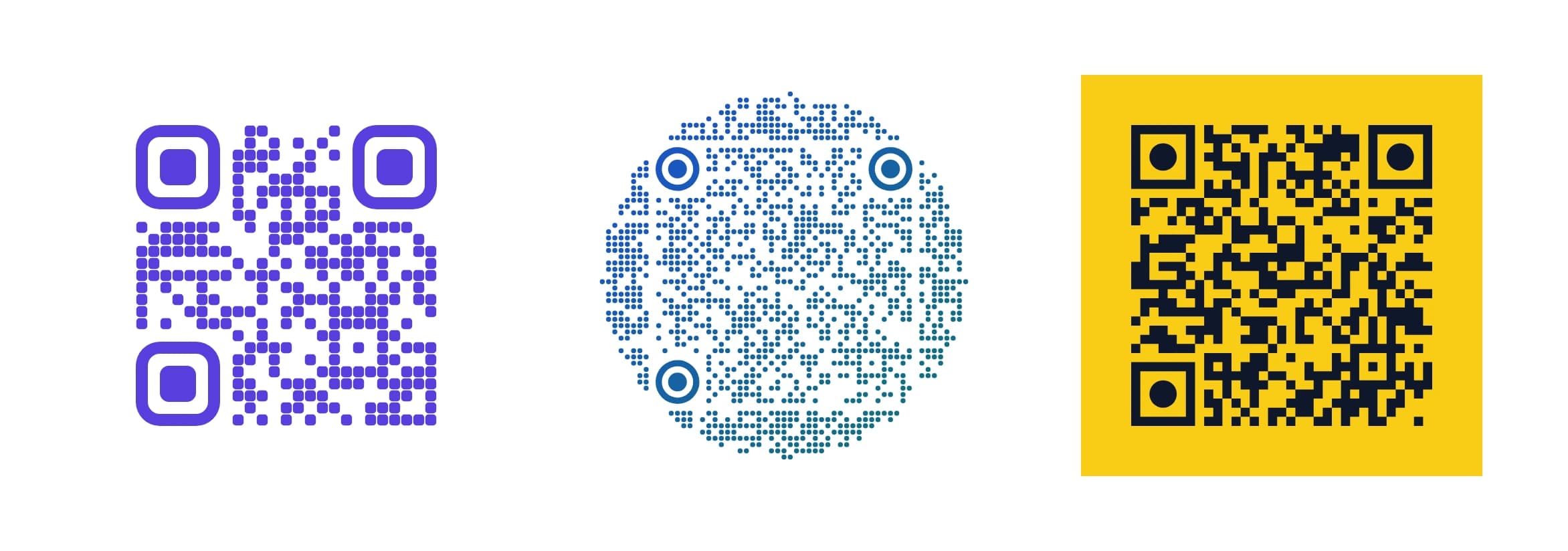 Three sample QR codes: a violet one that opens kuikcode.com, a round blue one with a text message, and a black one on yellow with a WiFi network