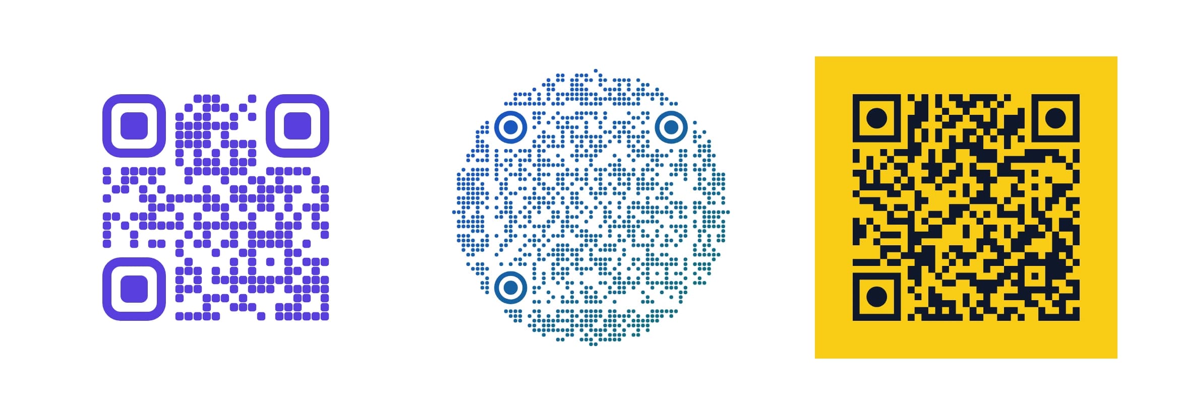 Tres códigos QR de ejemplo: uno morado que abre kuikcode.com en español, uno azul y redondo con un mensaje de texto, y uno negro sobre amarillo con una red WiFi