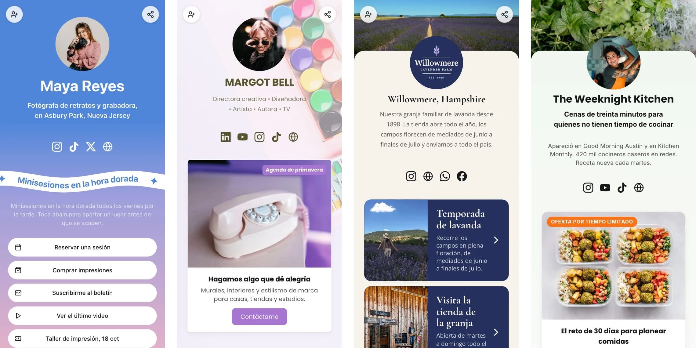 Cuatro páginas de links en pantallas de teléfono: Maya Reyes, fotógrafa, con botones para reservar una sesión, comprar impresiones, suscribirse al boletín, ver el último video y un taller de impresión; Margot Bell, directora creativa, con iconos de redes y una tarjeta para agendar; la granja de lavanda Willowmere con iconos de redes y tarjetas para la temporada de lavanda y la tienda de la granja; y The Weeknight Kitchen con iconos de redes y una oferta por tiempo limitado