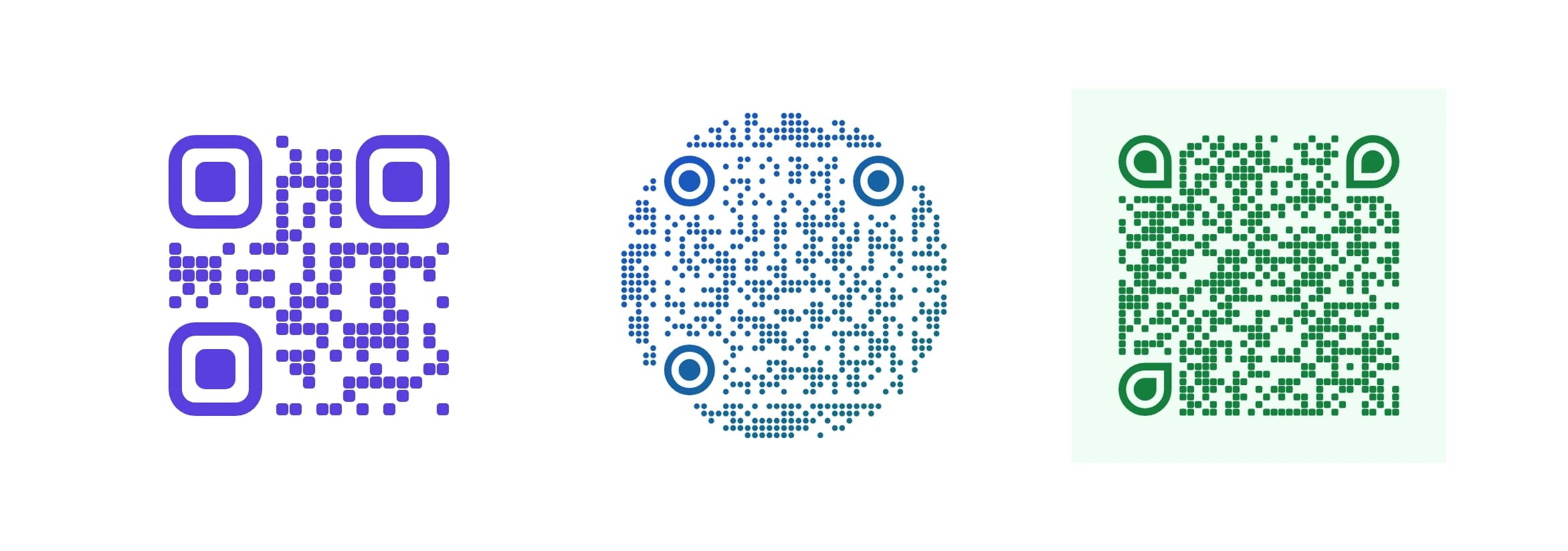 Three QR codes: a purple square code that calls a number, a round blue code that opens a text message, and a green code that opens a WhatsApp chat