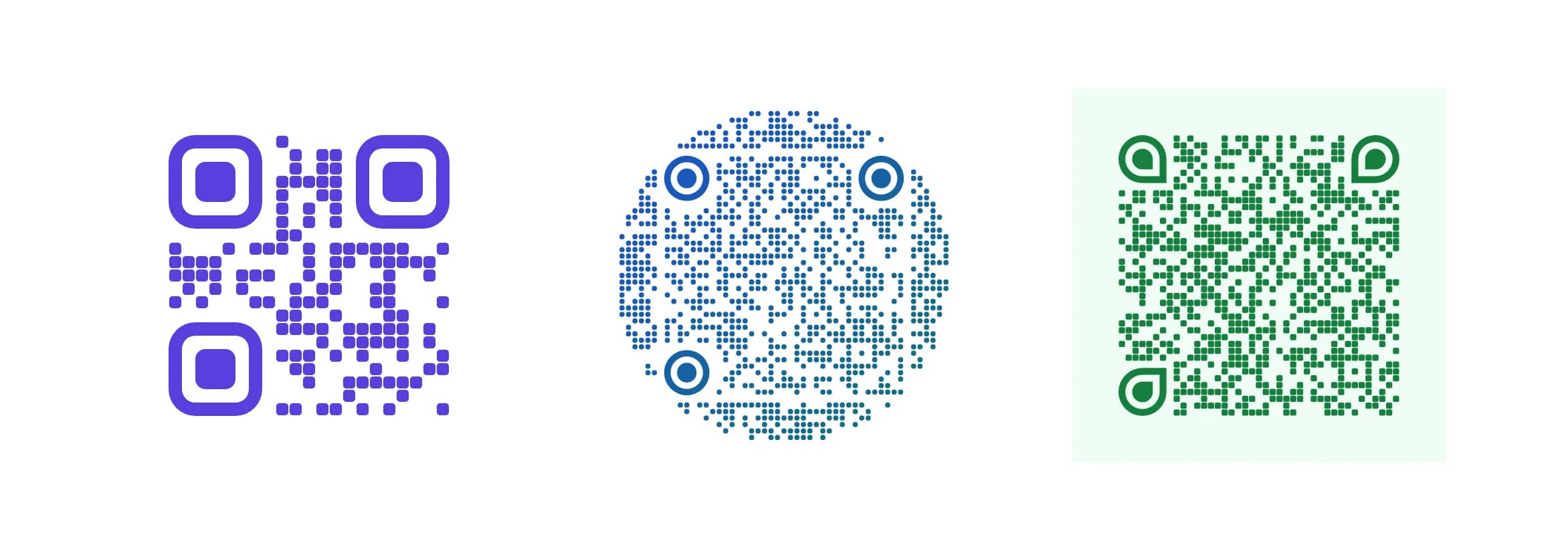Tres códigos QR: uno cuadrado morado que llama a un número, uno redondo azul que abre un mensaje de texto y uno verde que abre un chat de WhatsApp