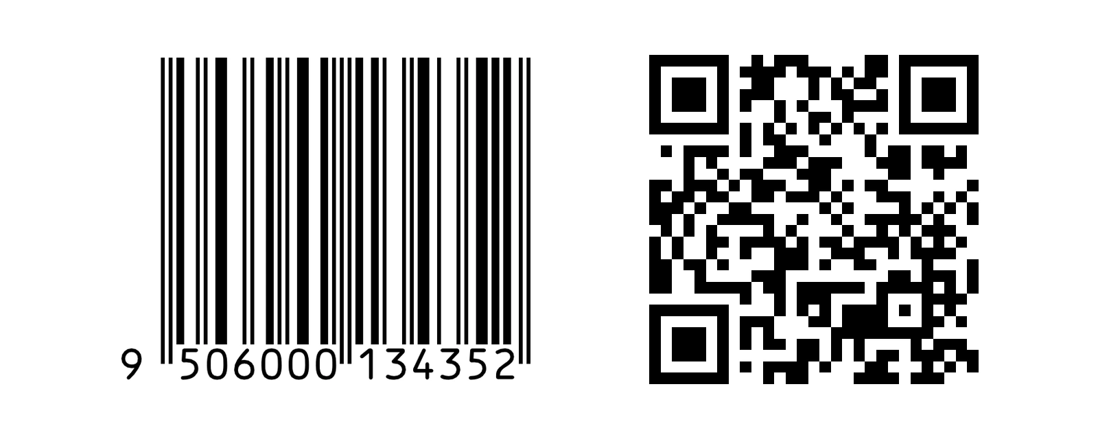 On the left, an EAN-13 barcode with the number 9 506000 134352 under its bars. On the right, a black and white QR code holding a GS1 Digital Link web address built from the same number