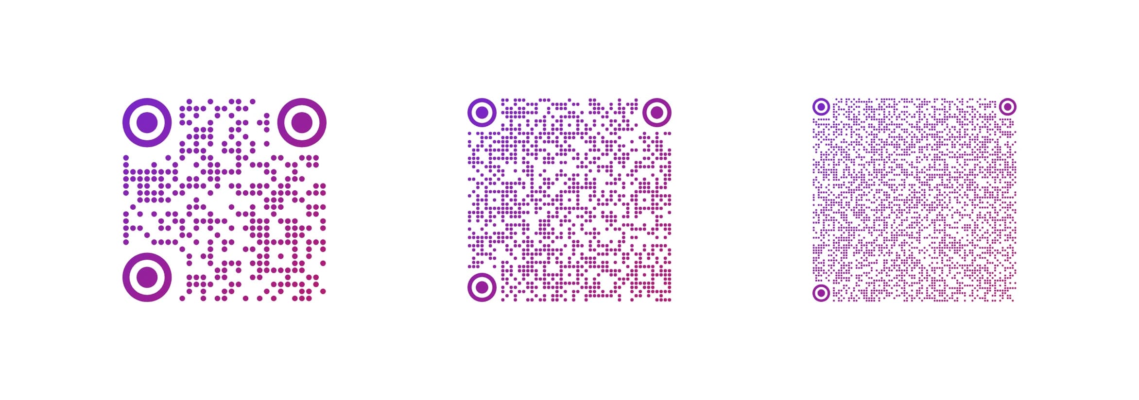 Three purple QR codes with the same birthday message at three lengths: a simple code with large dots, a denser one, and a very dense one with tiny dots