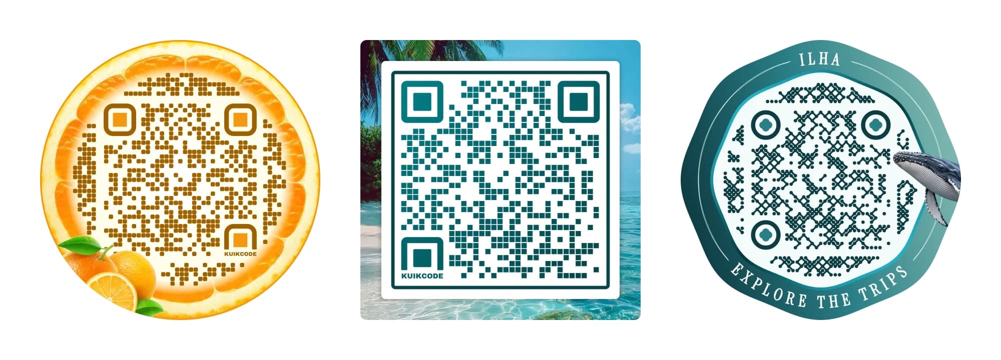 Tres KuikCodes con fotos: una foto de rodaja de naranja como marco, una foto de playa detrás del código y un recorte de foto de una ballena en el borde del marco