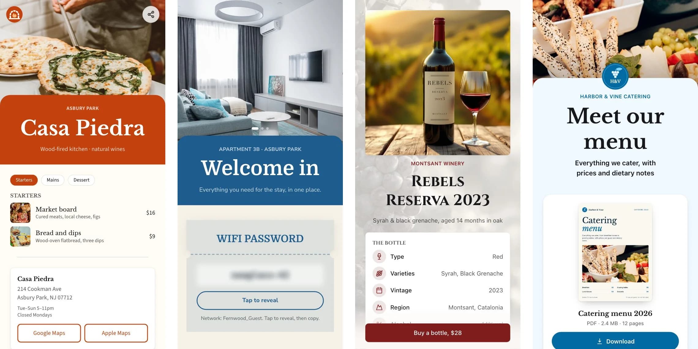 Four KuikPages on phone screens: Casa Piedra, a wood fired restaurant with its starters and prices, address and map buttons; a rental welcome page with a tap to reveal WiFi password; a winery product page for Rebels Reserva 2023 with its varieties and a Buy a bottle button; and a catering menu page with a 12 page PDF and a Download button