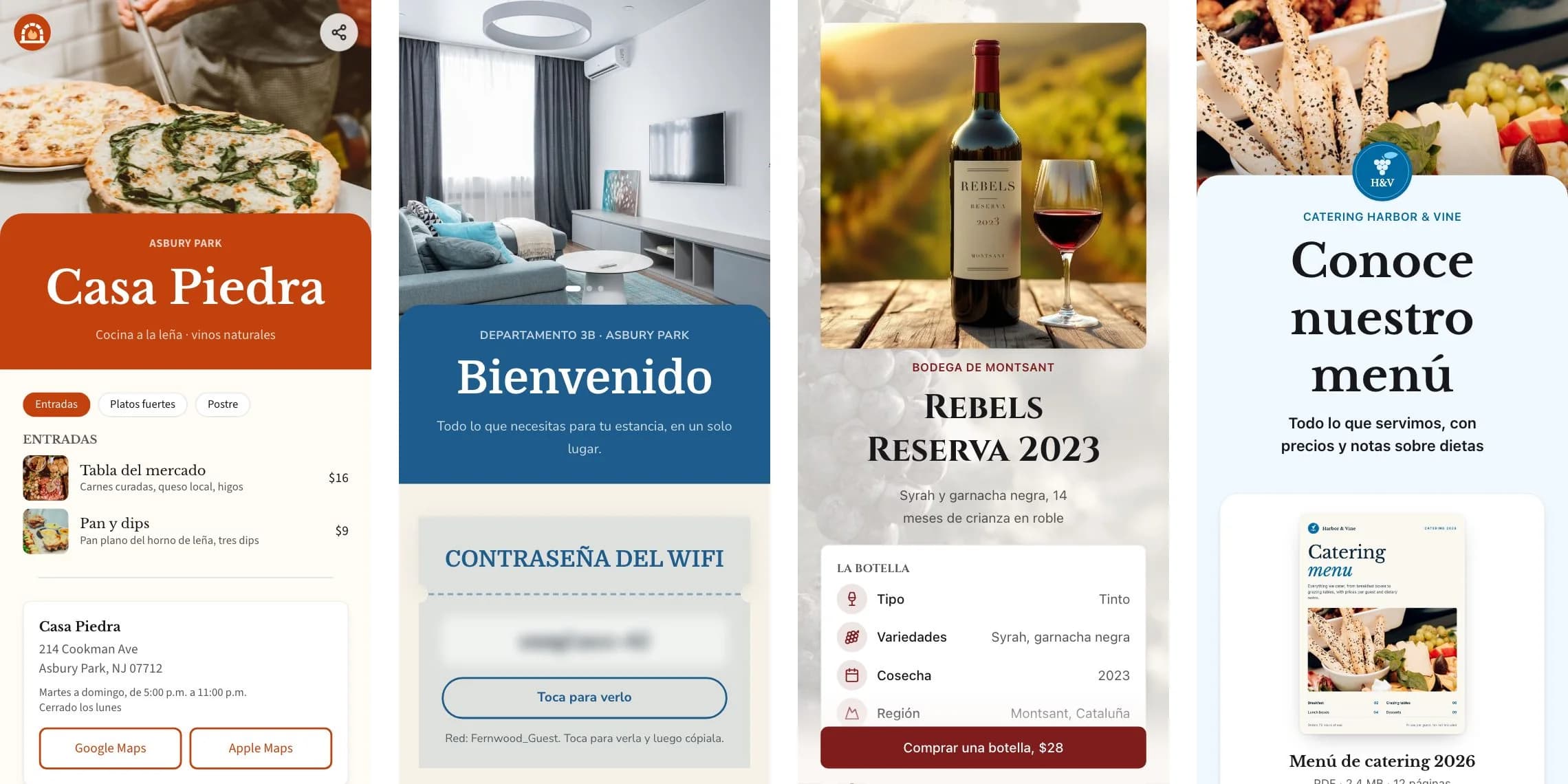 Cuatro KuikPages en pantallas de teléfono: Casa Piedra, un restaurante de cocina a la leña con sus entradas y precios, la dirección y botones de mapas; una página de bienvenida para un departamento con la contraseña del WiFi que se revela al tocarla; la página de producto de un vino, Rebels Reserva 2023, con sus variedades y un botón para comprar una botella; y la página de un menú de catering con un PDF de 12 páginas y un botón de descarga