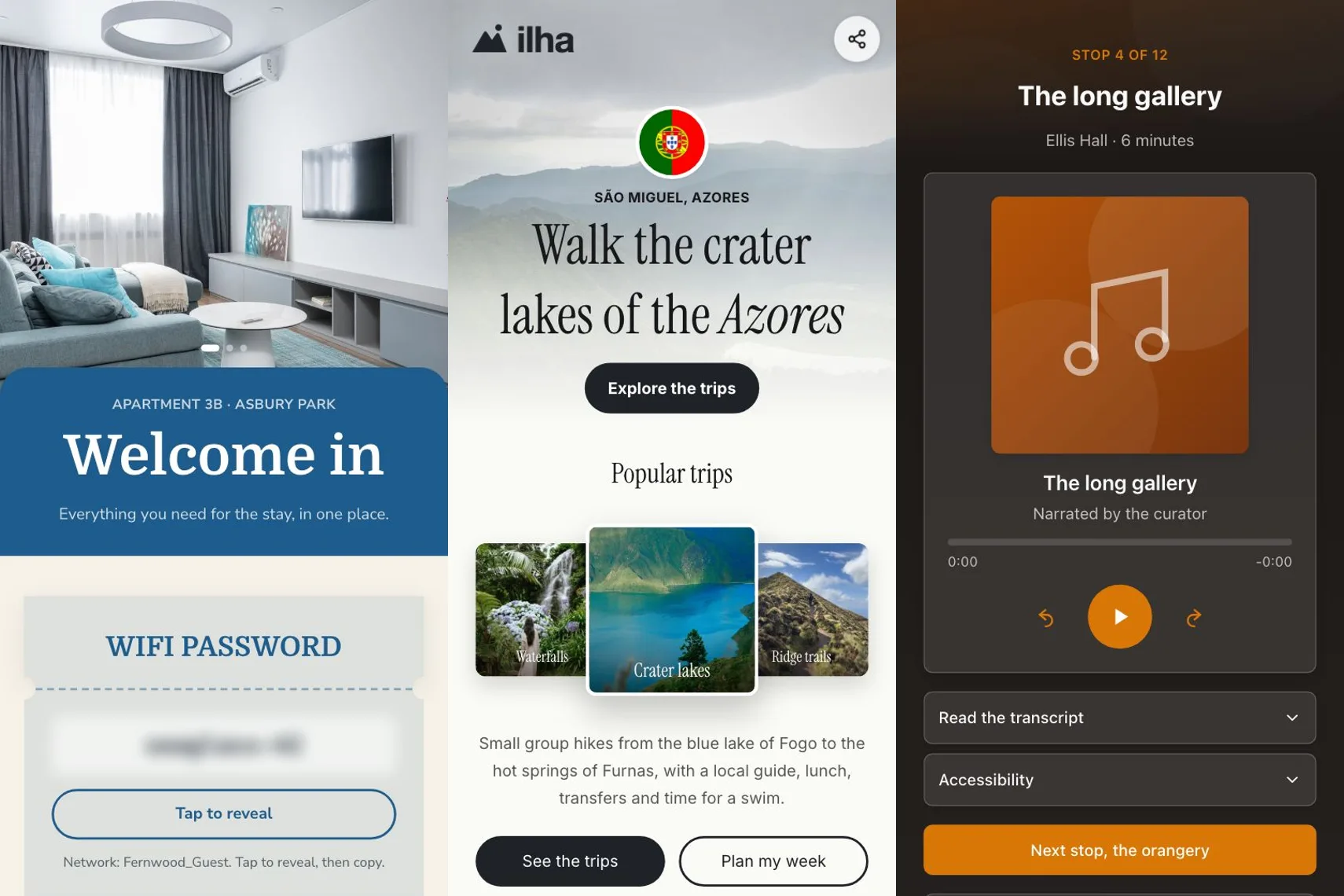 Three KuikPages on phone screens: Apartment 3B in Asbury Park welcoming guests with the WiFi password behind a Tap to reveal button, Ilha tours inviting visitors to walk the crater lakes of the Azores with a row of popular trips, and an audio guide stop called The long gallery with a player, the transcript and Next stop, the orangery