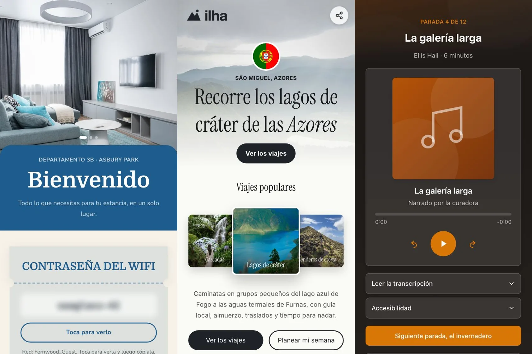 Tres KuikPages en pantallas de celular: el departamento 3B en Asbury Park da la bienvenida con la contraseña del WiFi detrás de un botón Toca para verlo, Ilha invita a recorrer los lagos de cráter de las Azores con una fila de viajes populares, y una parada de audioguía llamada La galería larga con el reproductor, la transcripción y Siguiente parada, el invernadero