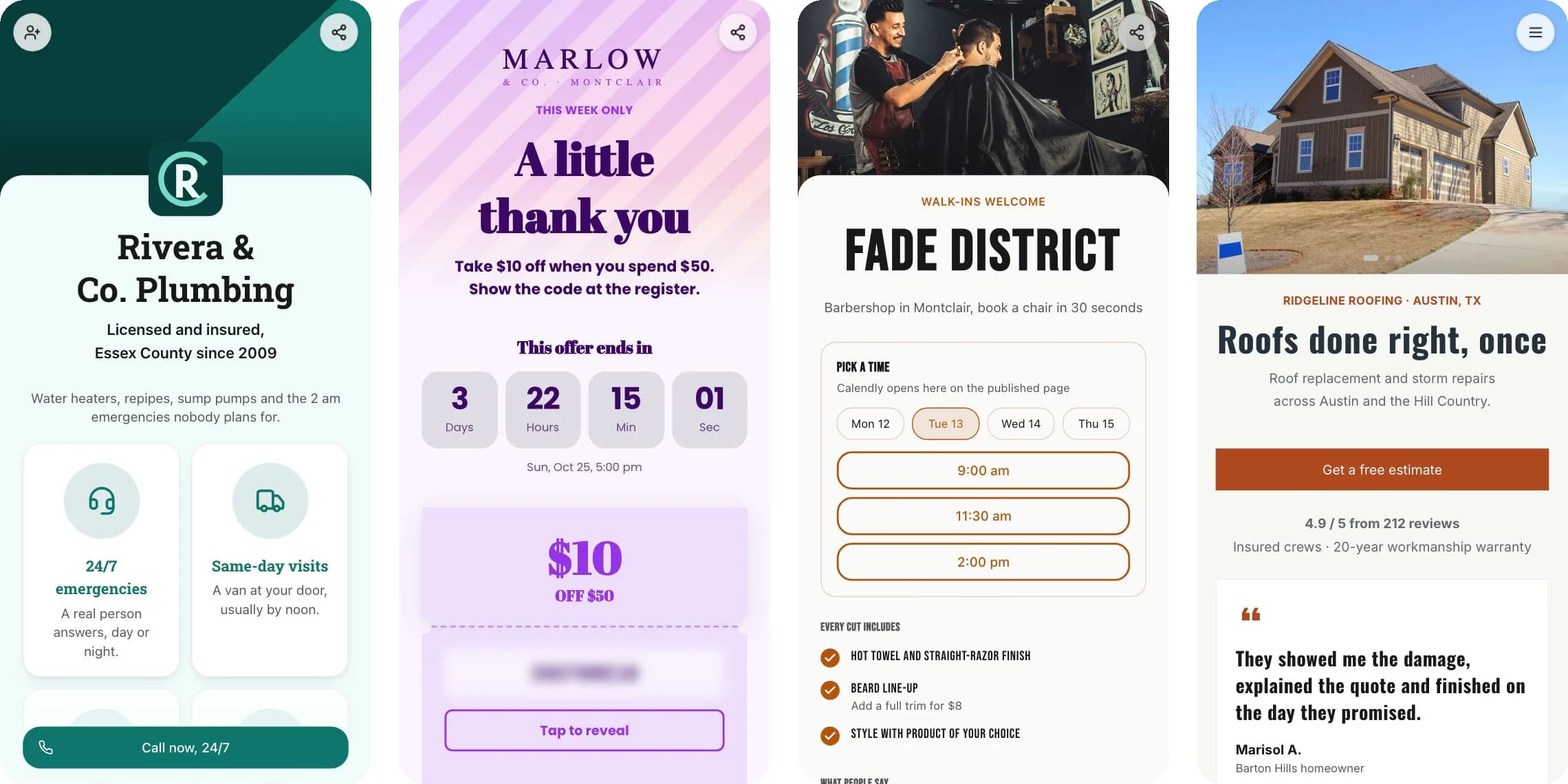 Four KuikPages on phone screens: Rivera & Co. Plumbing with 24/7 emergencies and a Call now button, a Marlow & Co. store coupon for $10 off $50 with a countdown, Fade District barbershop with appointment times, and Ridgeline Roofing with a house photo, a Get a free estimate button and a customer quote