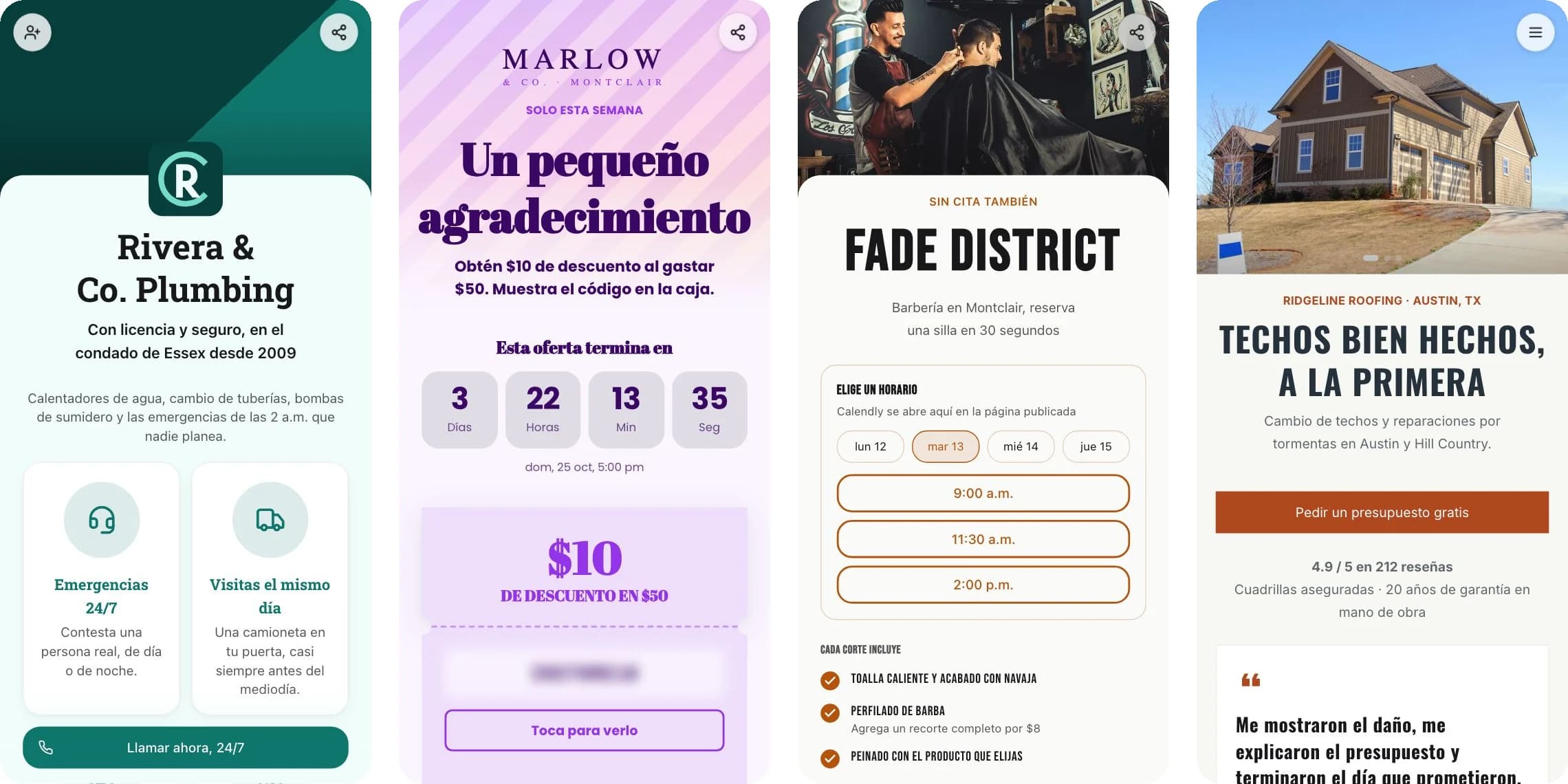 Cuatro KuikPages en pantallas de celular: Rivera & Co. Plumbing con emergencias 24/7 y un botón Llamar ahora, un cupón de la tienda Marlow & Co. de $10 de descuento en $50 con cuenta regresiva, la barbería Fade District con horarios para reservar, y Ridgeline Roofing con la foto de una casa, un botón Pedir un presupuesto gratis y la opinión de un cliente