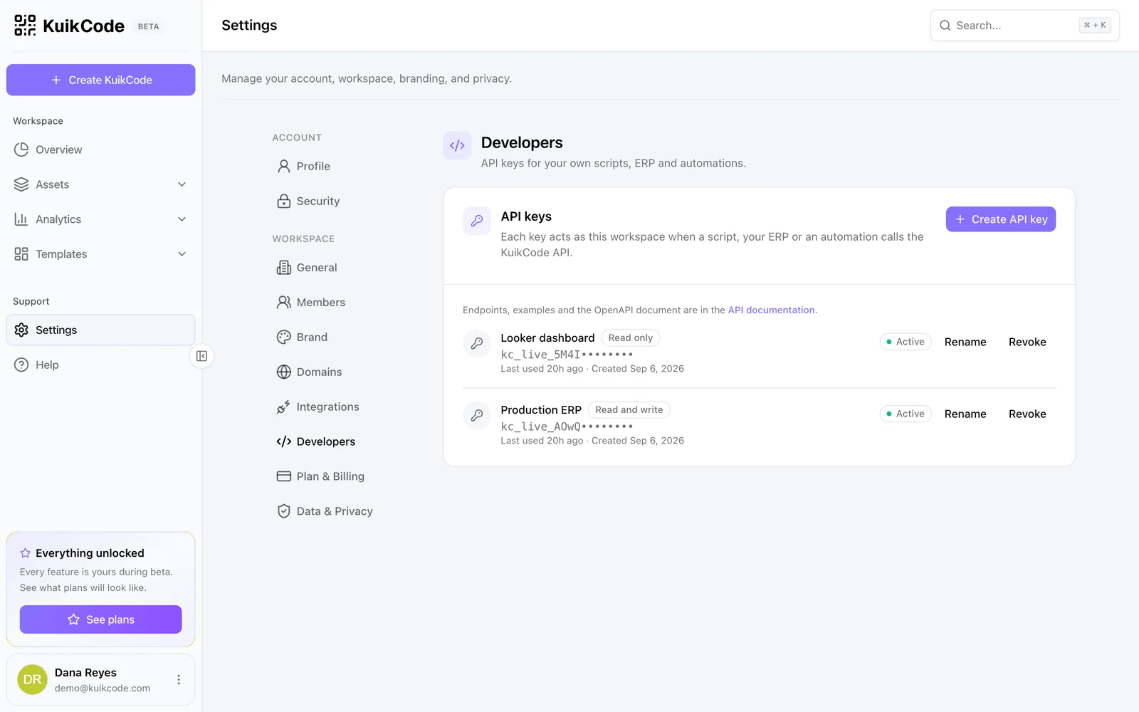 The Developers settings in KuikCode, where a workspace creates API keys