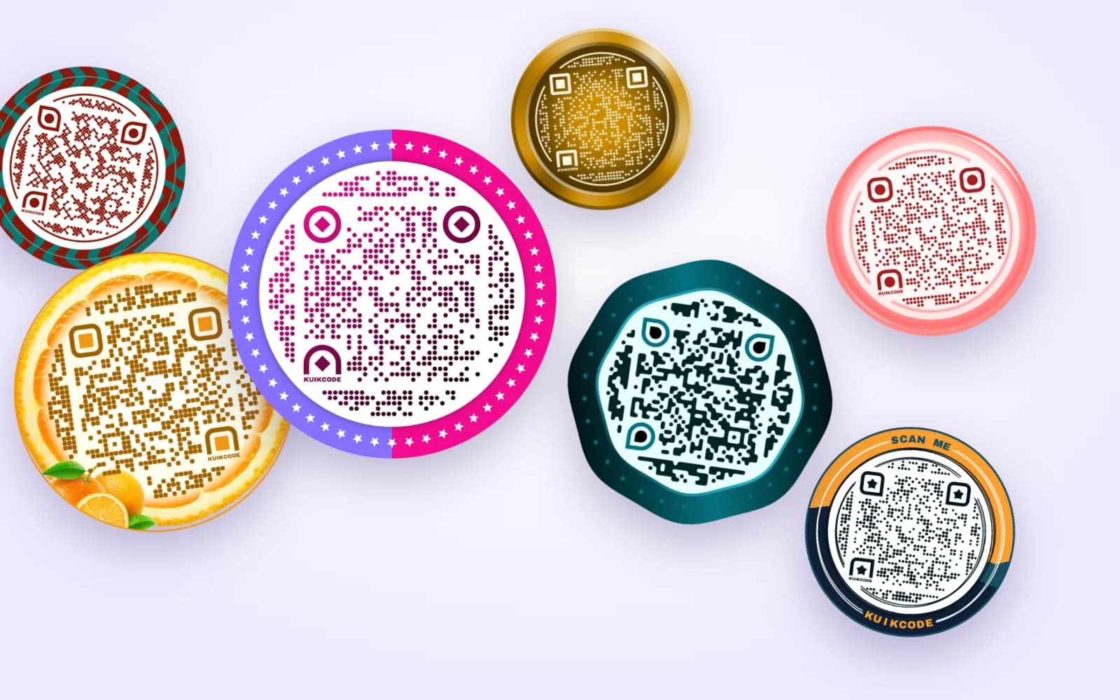 Seven custom KuikCodes: an orange slice, a purple and pink star ring, a teal wave, a gold coin, a pink ring, a woven red ring and a framed Scan me code