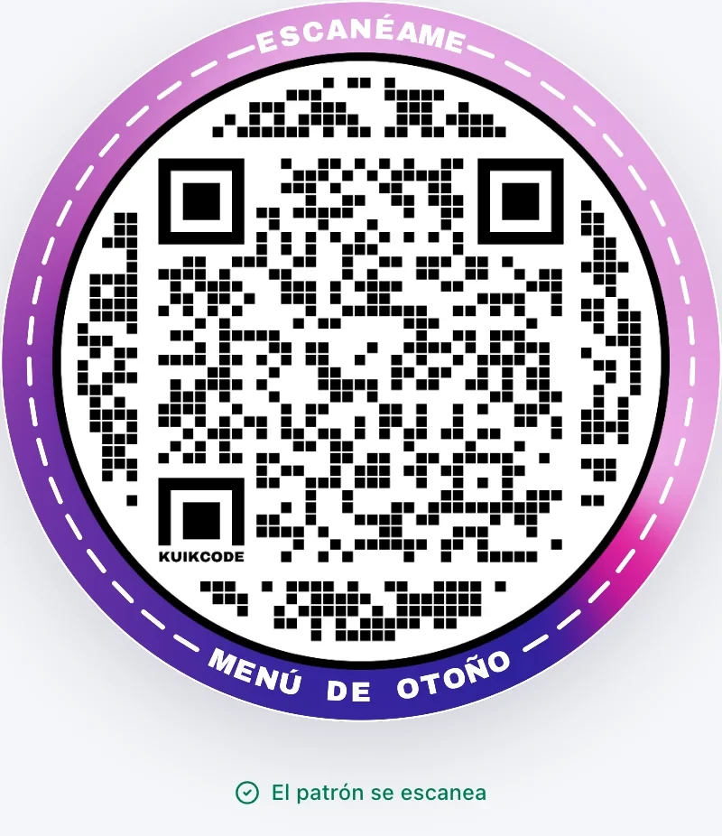 Un código QR personalizado con marco en la vista previa del editor, con el indicador de escaneo debajo