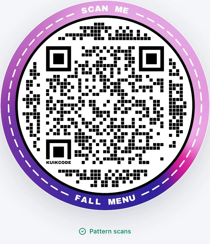 A custom framed QR code in the editor preview, with the scan badge underneath