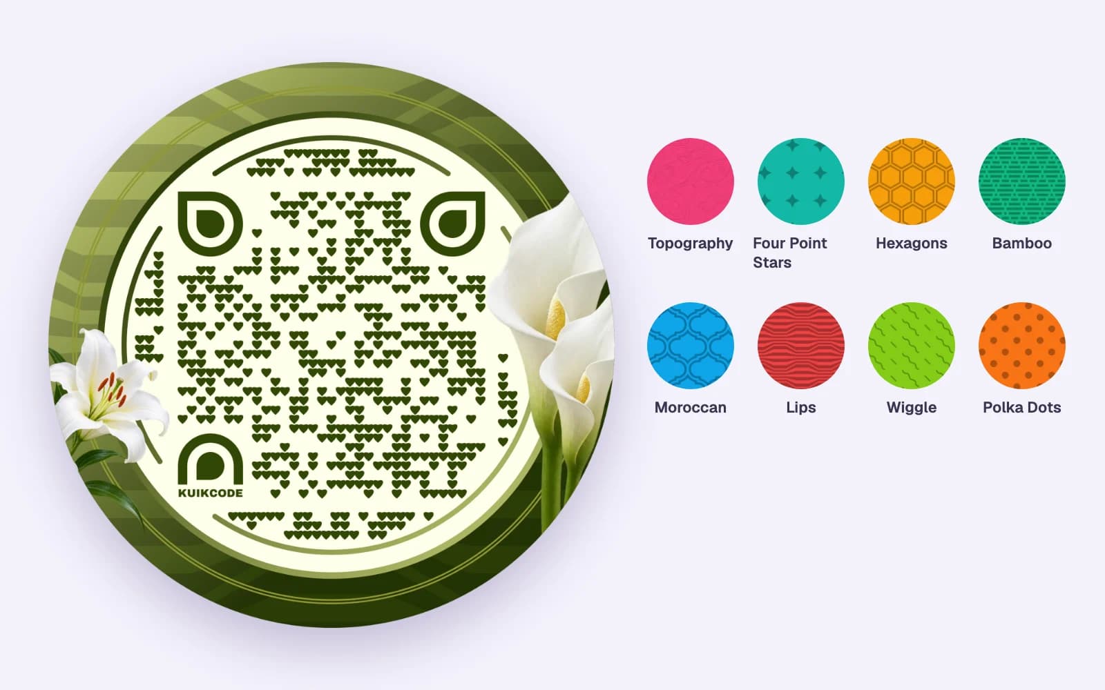 The Lissy KuikCode with a striped texture on its green frame, next to eight texture swatches: topography, four point stars, hexagons, bamboo, Moroccan, lips, wiggle and polka dots