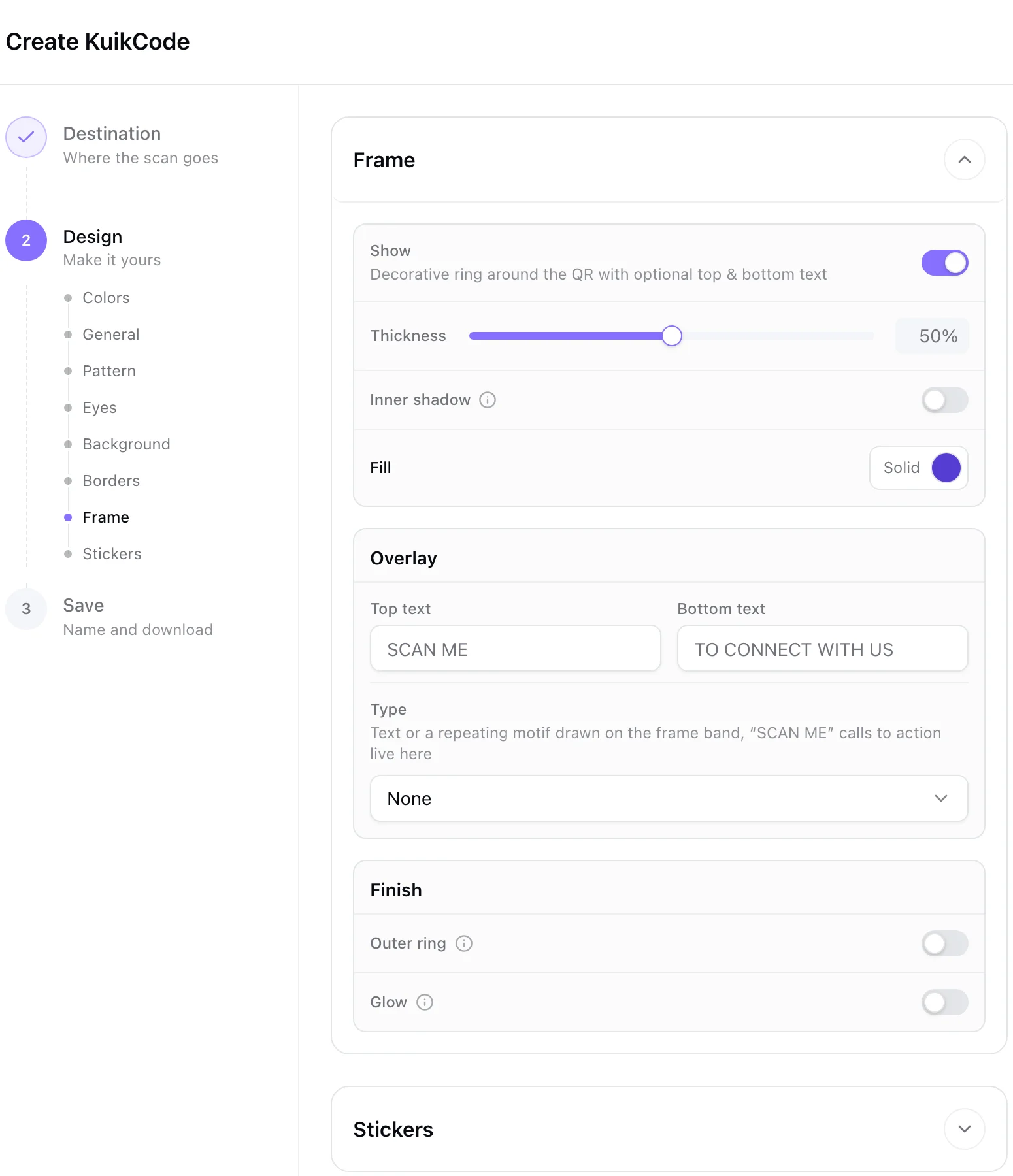 The KuikCode frame settings, adding call to action text around a designed code