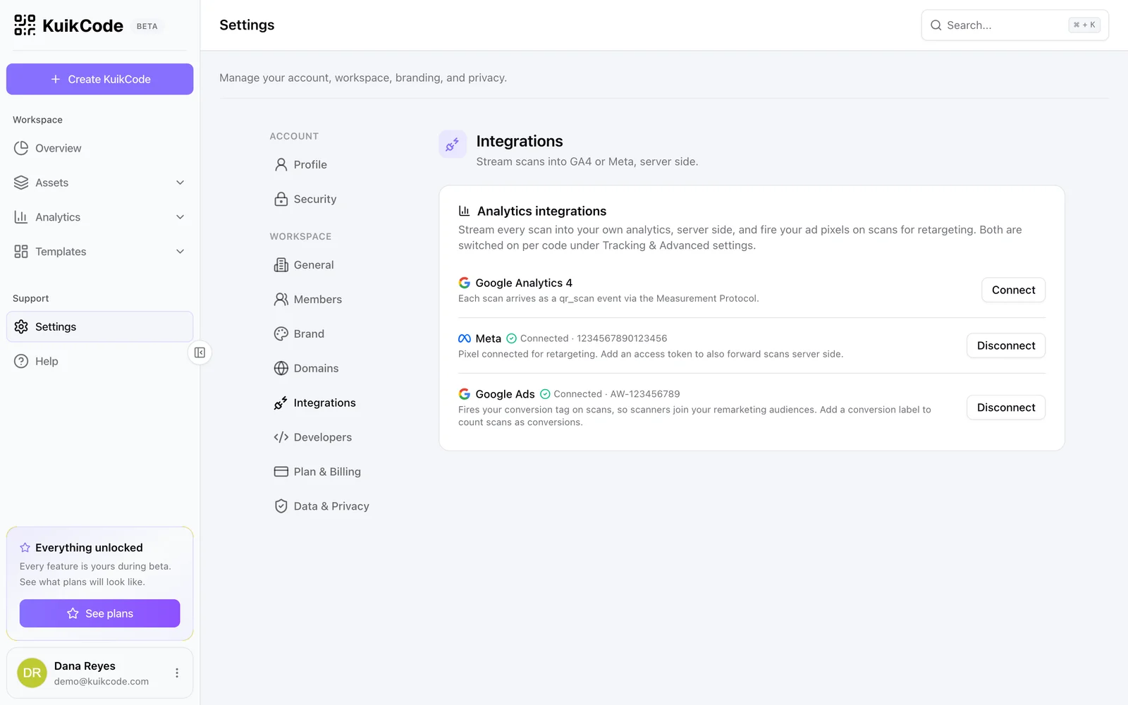 KuikCode's Integrations settings with Google Analytics and Meta connections