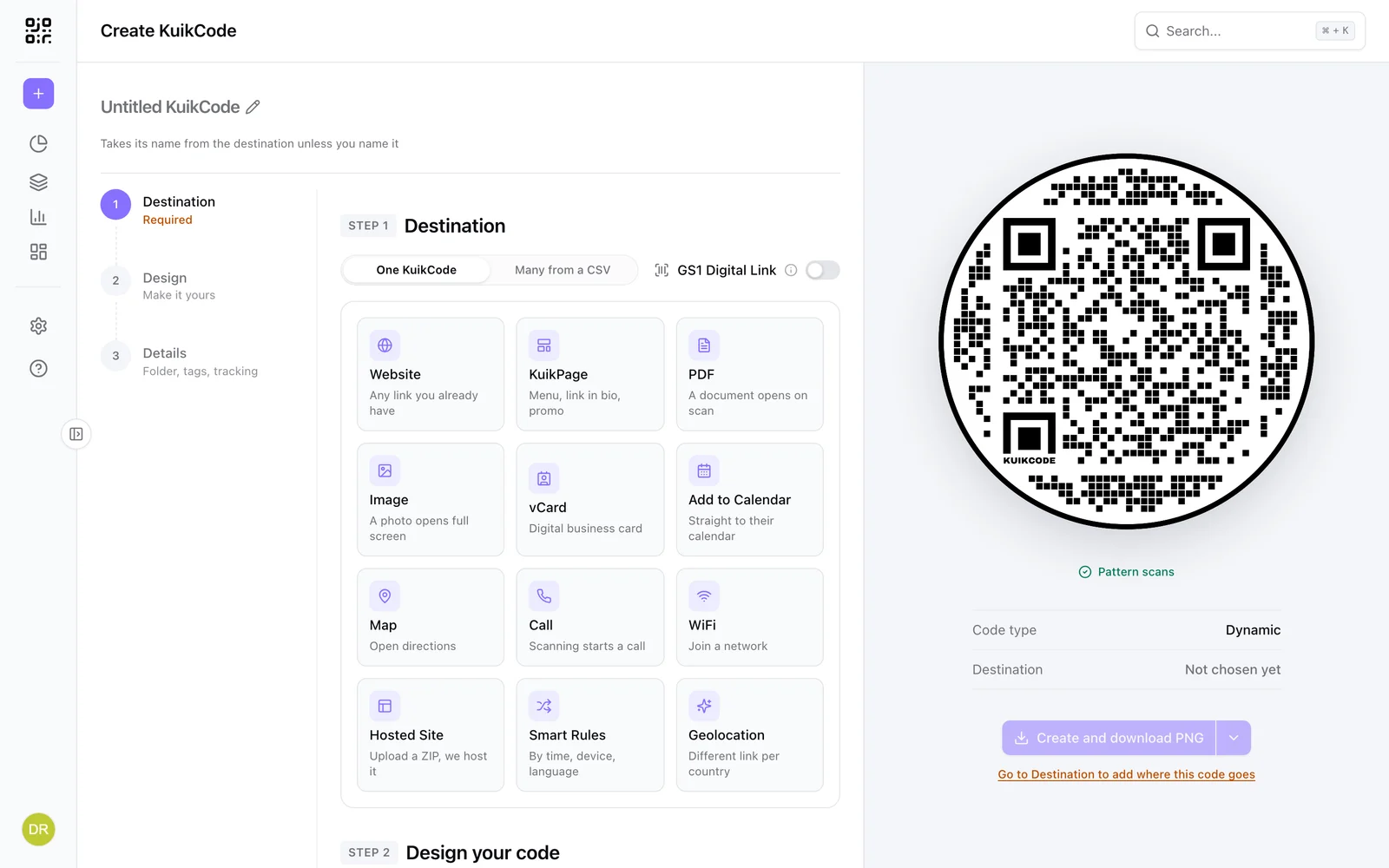 El paso de destino con sitio web, PDF, imagen, vCard, evento, mapa, llamada y más
