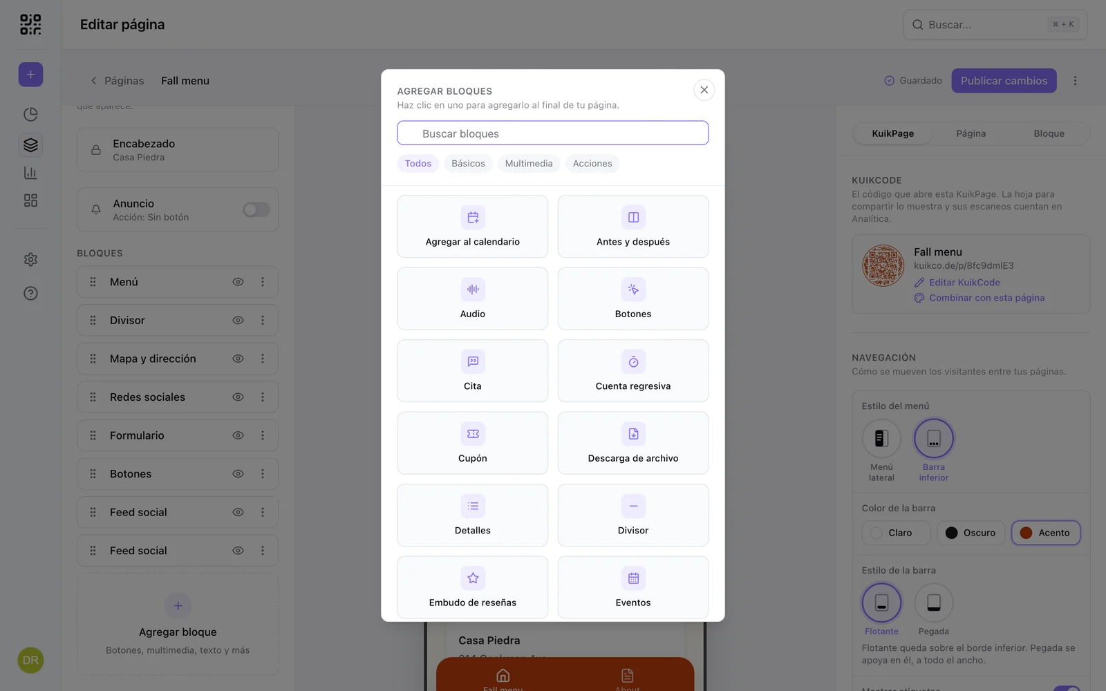 El diálogo para agregar bloques del editor de KuikPages, con Audio, Botones, Cuenta regresiva, Cupón, Insertar y Preguntas frecuentes entre los bloques