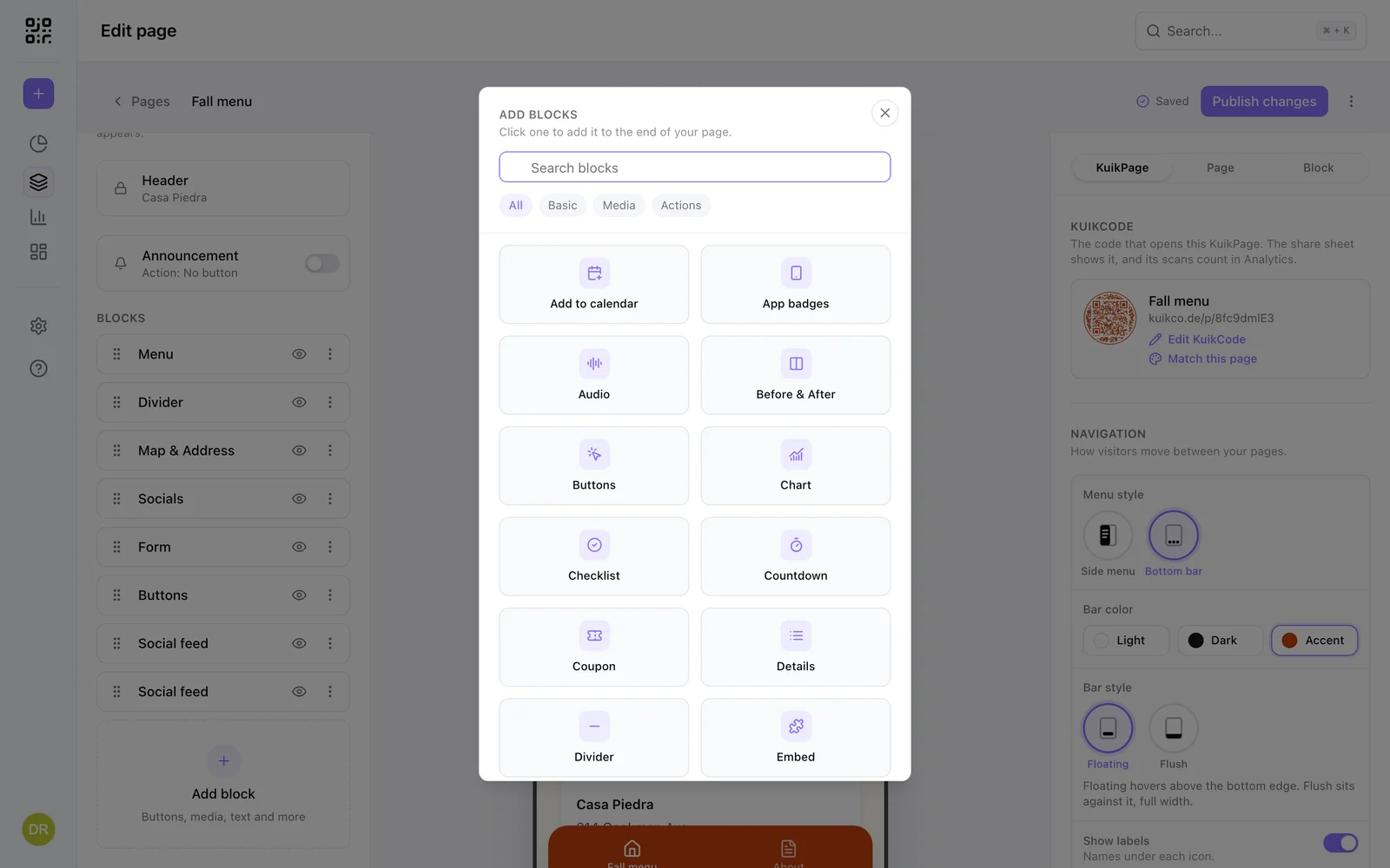 The KuikPage editor's Add blocks dialog, with Audio, Buttons, Countdown, Coupon, Embed and FAQs among the blocks