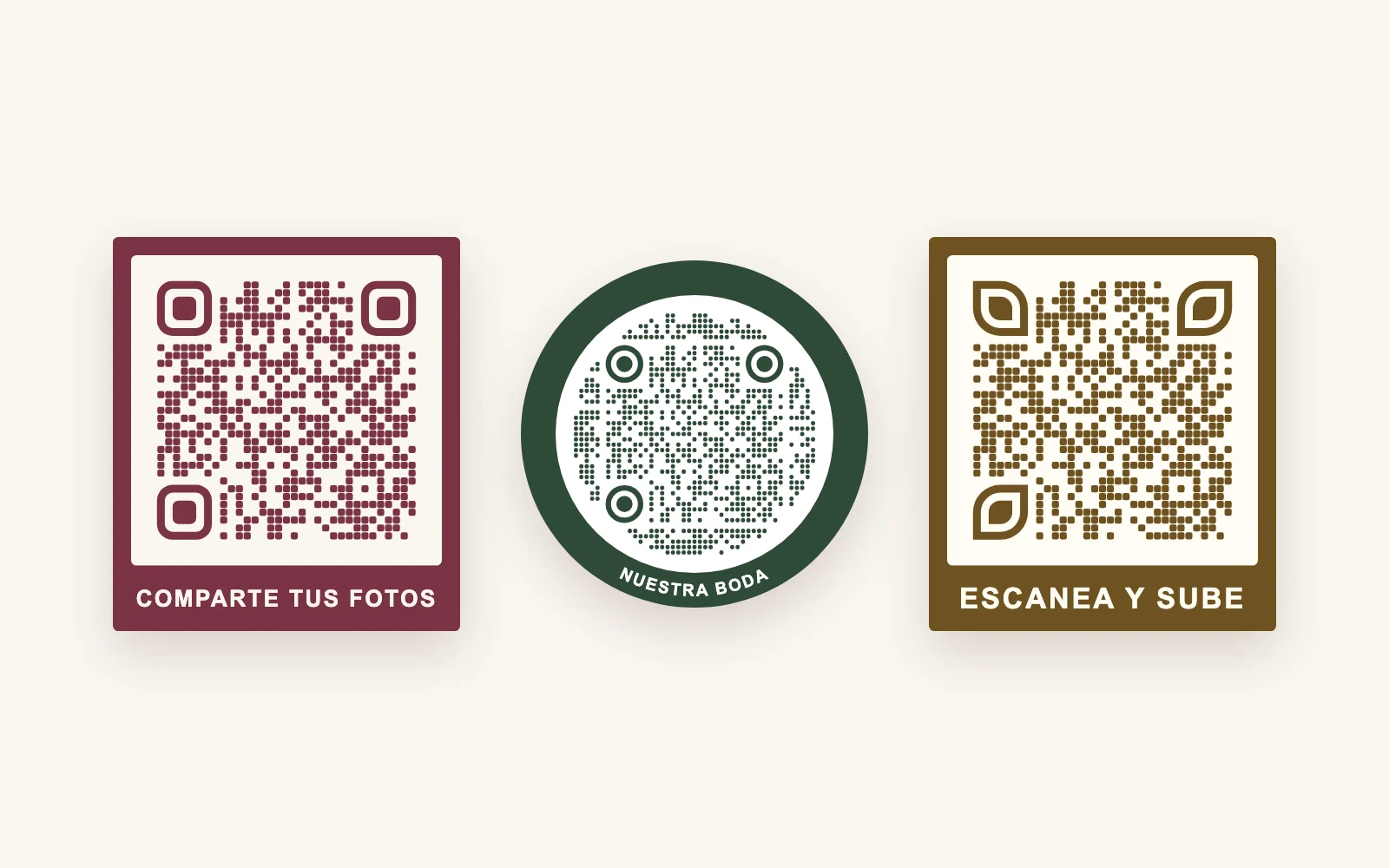 Tres diseños de código QR de boda con palabras en el marco: Comparte tus fotos en vino, Nuestra boda en verde y Escanea y sube en dorado