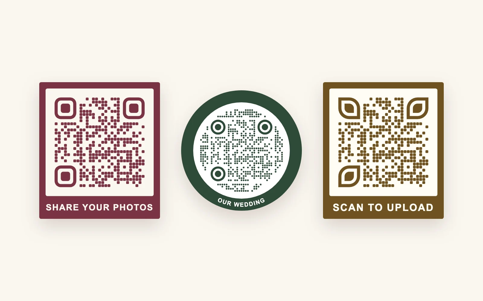 Three wedding QR code designs with words on the frame: Share your photos in wine, Our wedding in green and Scan to upload in gold