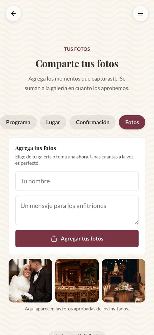 La página Comparte tus fotos de la plantilla Boda en un celular: campos de nombre y mensaje, un botón Agregar tus fotos y tres fotos aprobadas