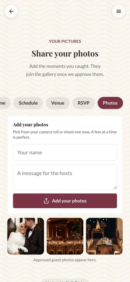 The Share your photos page of the Wedding template on a phone: name and message fields, an Add your photos button and three approved photos