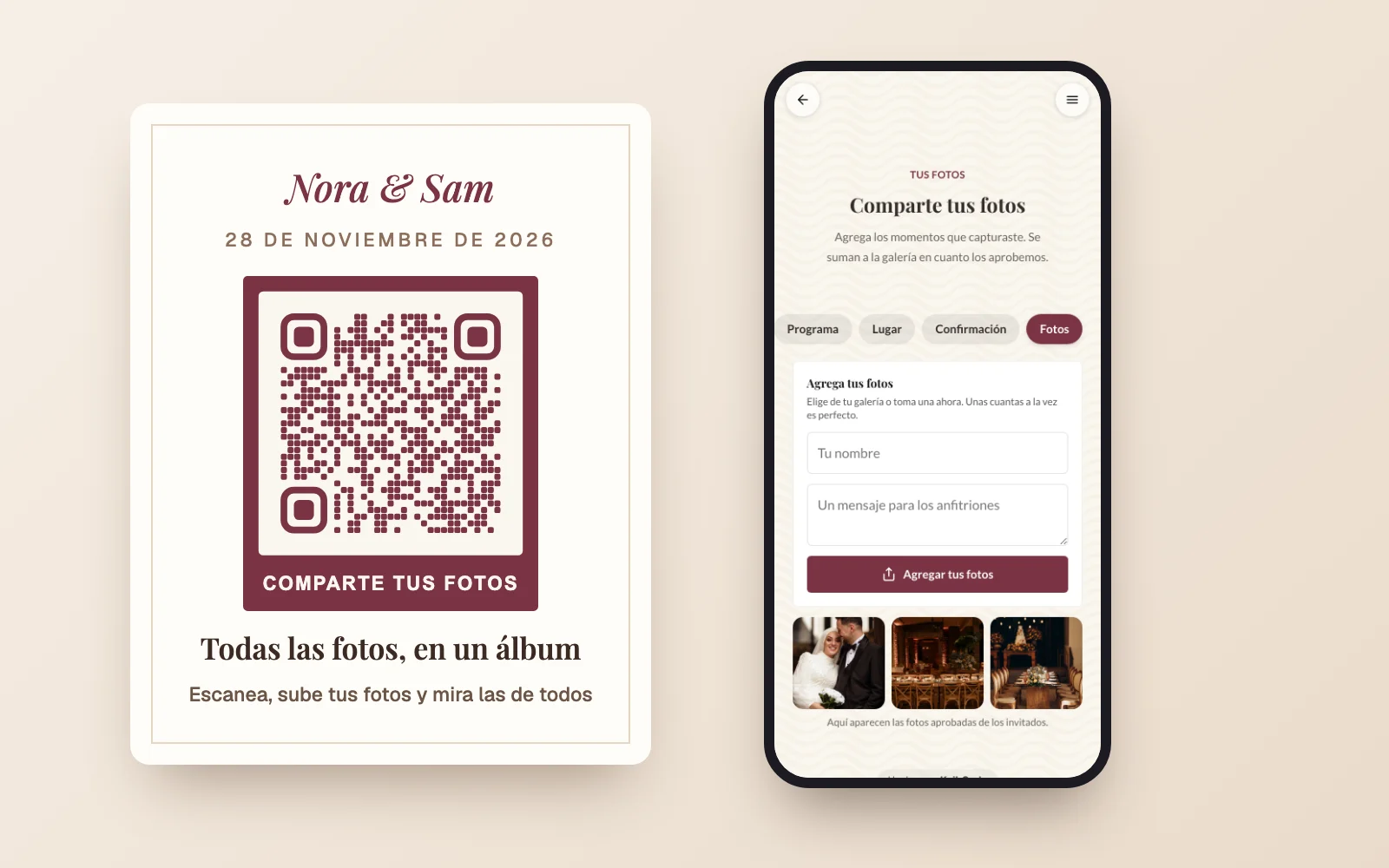 Una tarjeta de mesa con un código QR de boda que dice Comparte tus fotos, junto a la página Comparte tus fotos en un celular