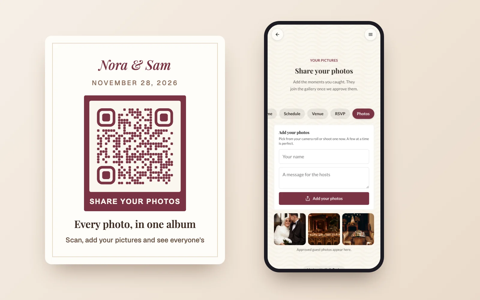 A table card with a wedding QR code that reads Share your photos, next to the Share your photos page on a phone