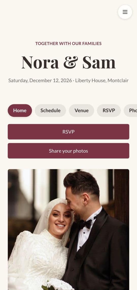 The home page of the Wedding template on a phone: the couple's names, the date and venue, RSVP and photo buttons