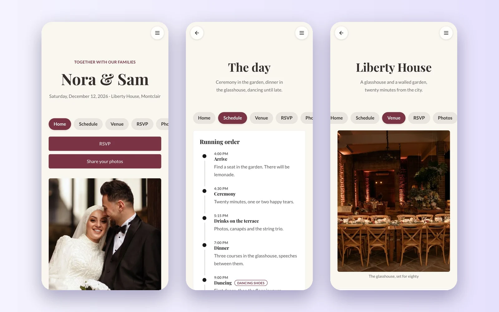The home, schedule and venue pages of the Wedding template side by side